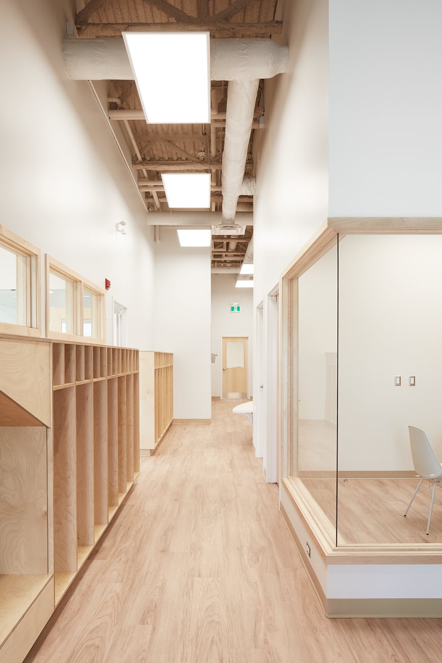 A bright hall of cubbies
